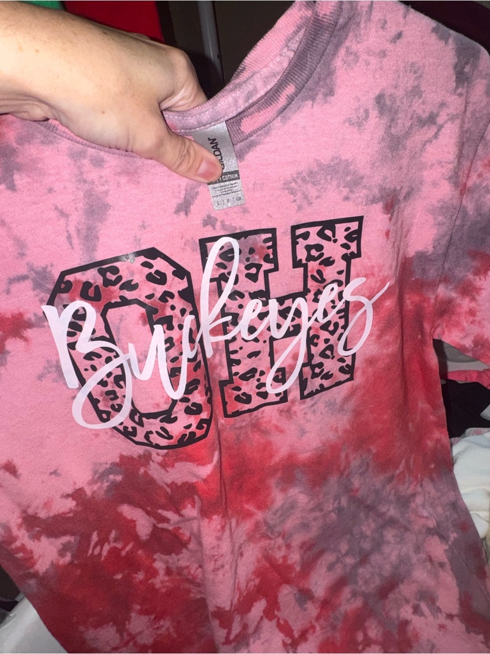 Gildan Pink and Red Tie-Dye Kids' Tee with Leopard 'OL' Graphic